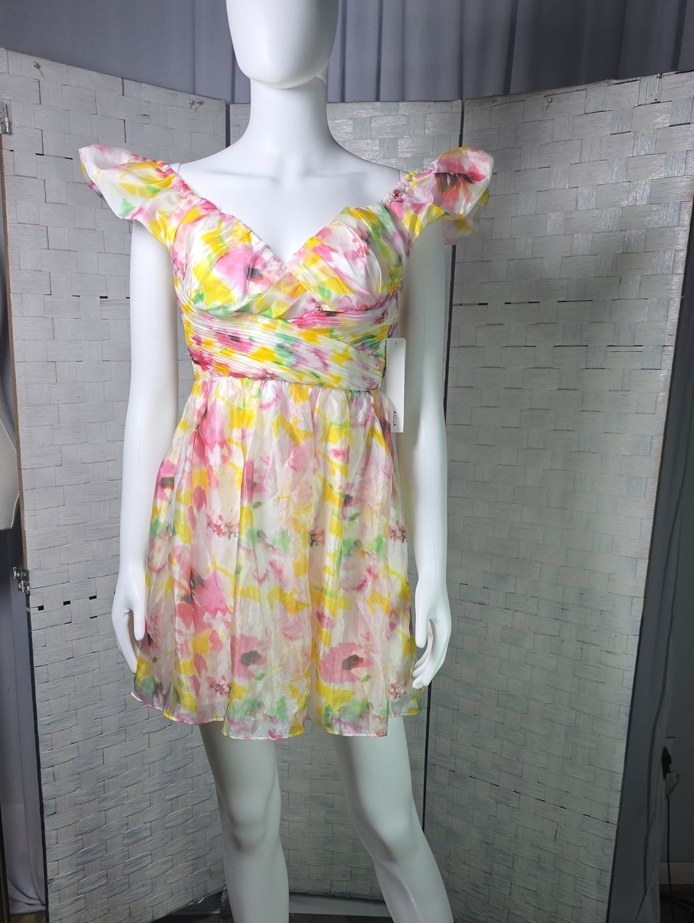 Aqua Pastel Floral Ruffle Mini Dress - Pink, Yellow & Green